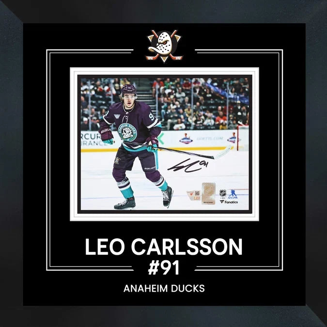 Leo Carlsson Signed Framed 8x10 Photo Anaheim Ducks Purple Jersey Skating
