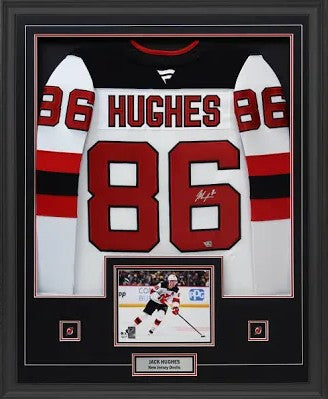 Jack Hughes Signed Jersey Framed 34x42 New Jersey Devils White Fanatics Premium